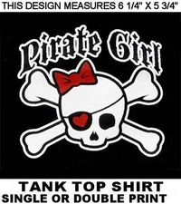 PIRATE GIRL SKULL AND CROSSED BONES RED BOW AND HEART EYE PATCH T-SHIRT XT73