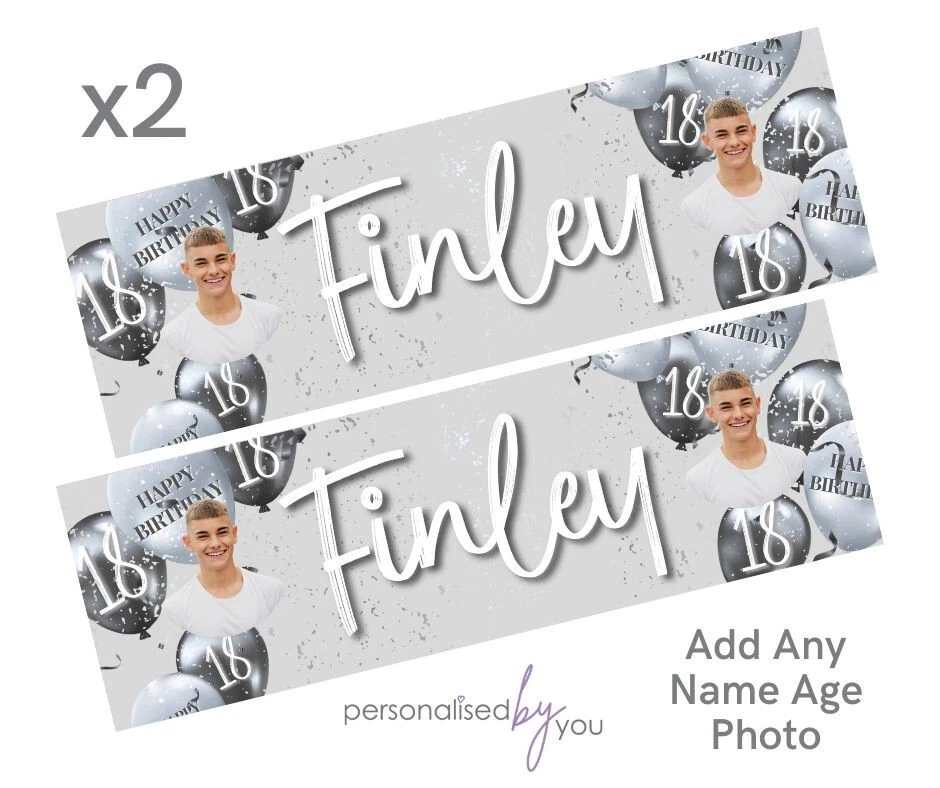 MADVINL 2x Personalised Photo Birthday Banners Black Silver Large 16th 18th 21st 30th 40