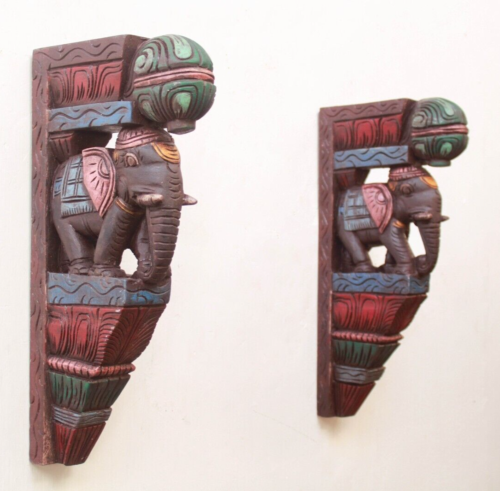 Paire de corbeau statue d'éléphant statue murale en bois corbel vintage entrée maison décoration de porte - Photo 1/6