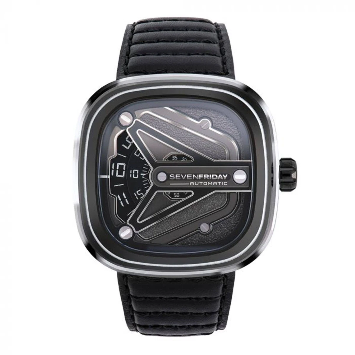 SevenFriday Men s Watch M Series Automatic Silver Tone Case Black Strap M3 08