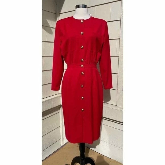 Abito vintage Valentino Miss V rosso lana oro bottoni davanti taglia 44 10