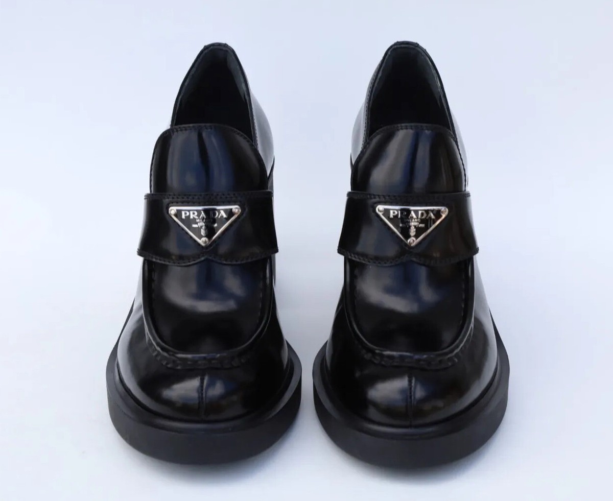 PRADA◆Chocolate patent leather loafer pumps Chocolate Flow leather loafer pumps in black - Prada | Mytheresa