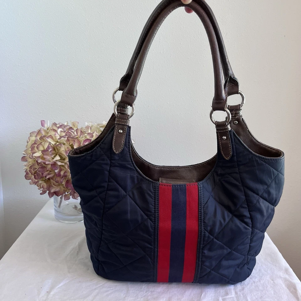 Heritage Bass Quilted Fabric Navy And Red Purse Nautical Vintage Hobo - Image 2 of 4