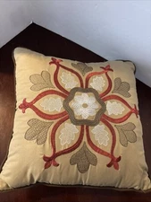 Throw Pillow Brown Embroidered Mandala Paisley Red Tan White Flower Décor 15"