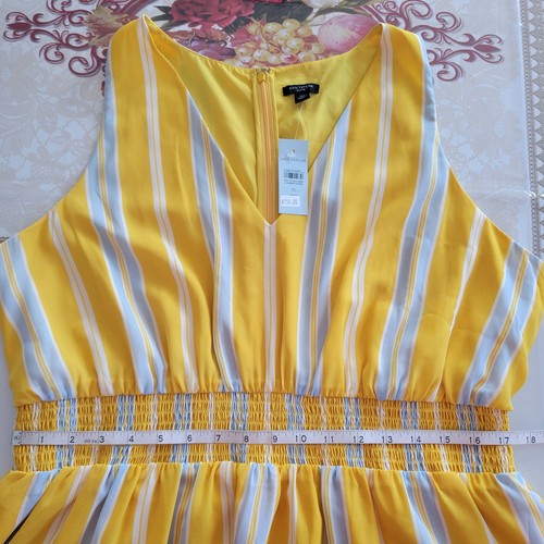 Ann Taylor Petite Midi Dress Womens XLP Yellow White Stripe Smocked Waist - Picture 9 of 13