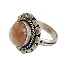 Vintage Sterling Silver Agate Stone Ring Flower Design Brown White Size 6