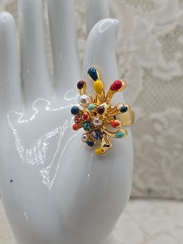 Wild Boho Candy Color Enamel Cluster Pierced Earrings & Ring Gold Tone Metal - Picture 4 of 17