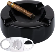 Large Ceramic Cigar Ashtray - 8.5 Inch Black Glossy for Indoor, Outdoor, Patio,