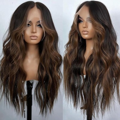HD Lace Front Wig Human Hair Blend Highlights  Straight Honey BROWN Blonde