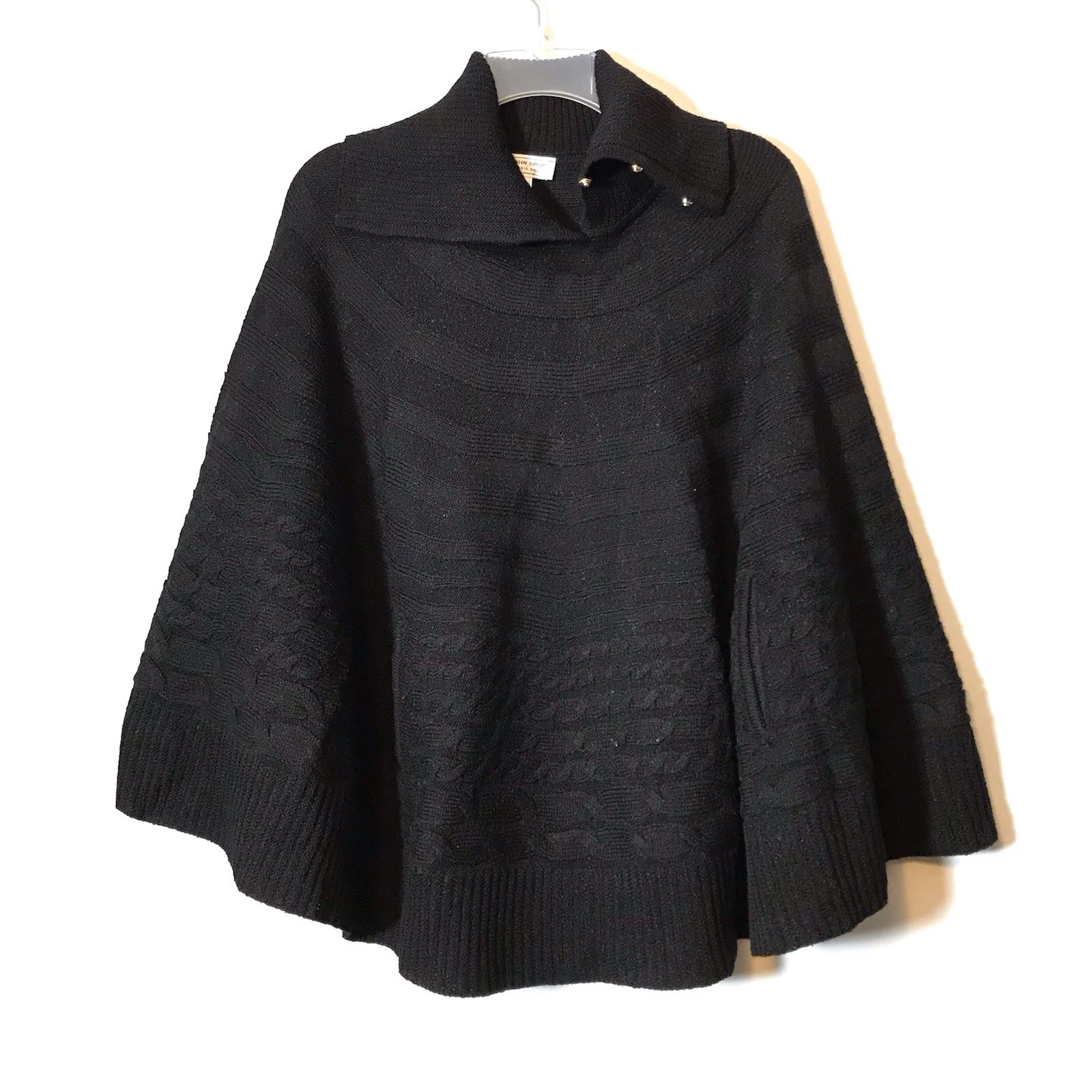 St. John Marie Gray Classic Black Cable Knit Poncho Sweater Small Turtleneck