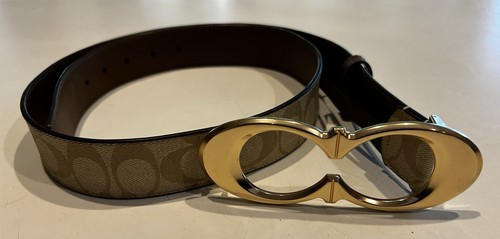 NWOT Coach Signature Buckle Belt 25 Mm Size L GOLD KHAKI TAN BROWN SADDLE - Picture 11 of 13