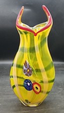 Murano Style Hand Blown Art Glass Abstract Vase 14” x 6” Yellow Blue Stripe Red