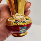 Vintage Murano Italy Ruby Red Glass Bud Vase 24K Gold Overlay Hand Painted 3"