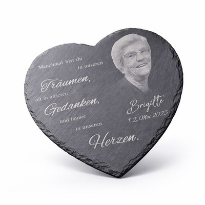 Schieferherz 30x30cm Fotogravur personalisiert Wunschtext Gedenktafel