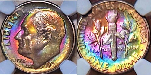 1955 S 10c NGC MS-68🌈 DUAL SIDED RAINBOW TONED ROOSEVELT DIME 🌈ULTRA GEM✅️!!!