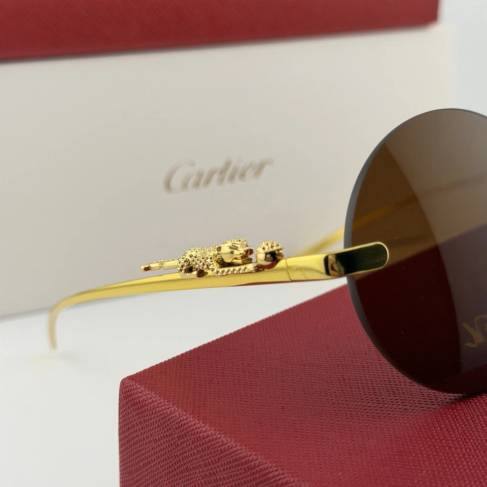 Auténticas gafas de sol Cartier sin montura redonda Panthere marco dorado lentes marrones Foto 2 de 4