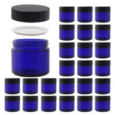 24-Pack 2 oz Round Blue Glass Cosmetic Jars Inner Liners Black Lids