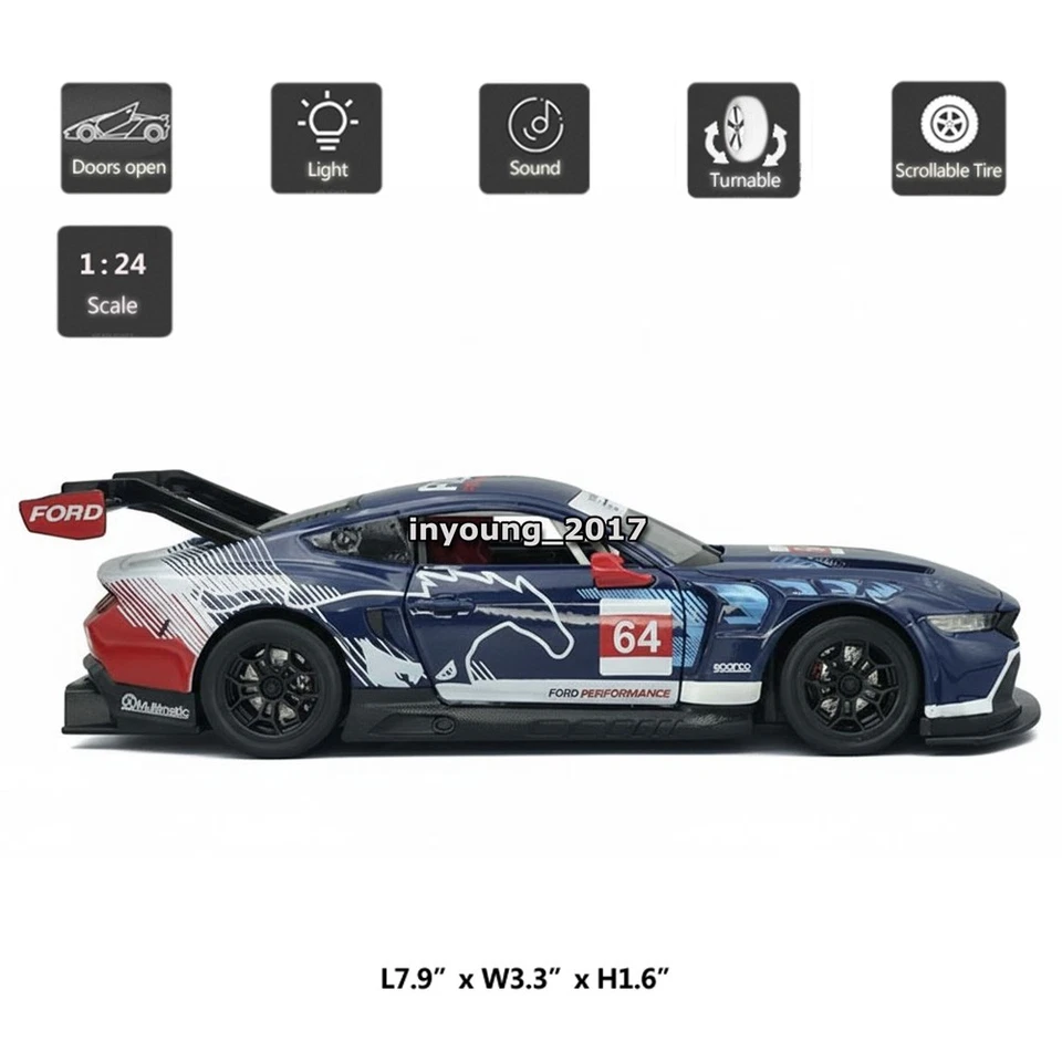 1/24 Ford Mustang GT3 Model Car Diecast Toy Cars Toys for Boys Kids Gifts Blue - Image 2 of 4