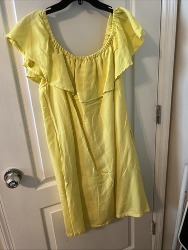 Tommy Bahama Dress Large Linen Off Shoulder Ruffle Yellow Beach Resort NWOT - Picture 6 of 6