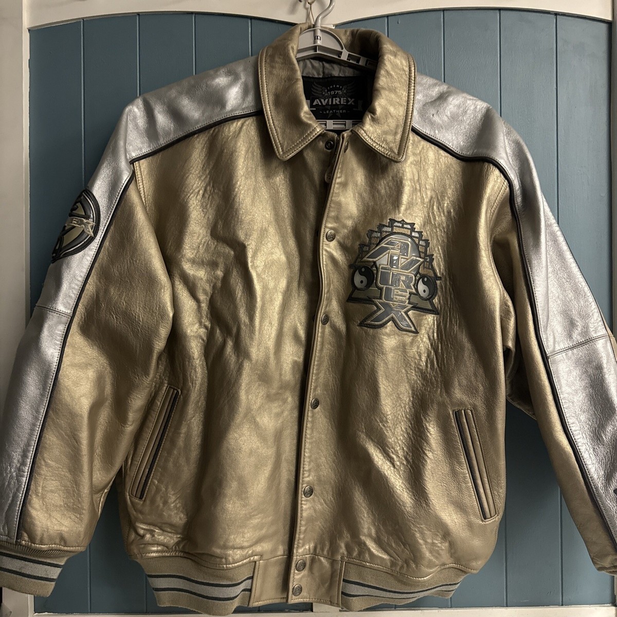 AVIREX Men's Y2K Authentic RARE Gold Silver Leather Jacket TEMPLE