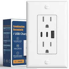 6.0A USB Outlet, 3-Port 30W Wall Outlets with 2 Type C & 1 Type A, 15 Amp Recept