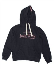 JACK WILLS Womens Graphic Hoodie Jumper UK 12 Medium Navy Blue Cotton CD62