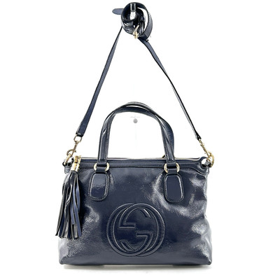 GUCCI SOHO Hand Bag Shoulder Bag 2way Patent Leather Navy Authentic