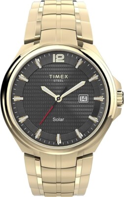 Neu Herren Timex solarbetrieben Gold 44mm Gehäuse schwarzes Zifferblatt 50m mit Proof Datum Uhr