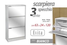 SCARPIERA SPECCHIO 3 ANTE MODERNA SLIM SALVASPAZIO LEGNO BIANCA DOPPIA 120*63*24