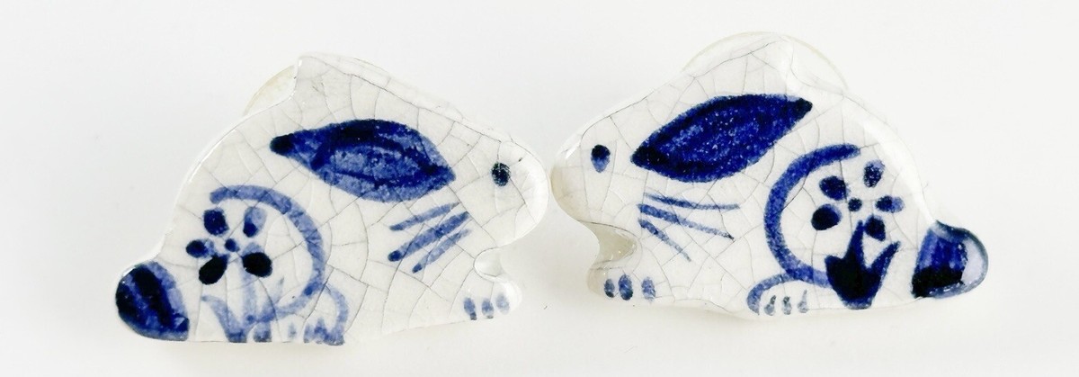 Vintage Delft Post Earrings Bunny Rabbits Hand Painted Porcelain Shard Signed AE