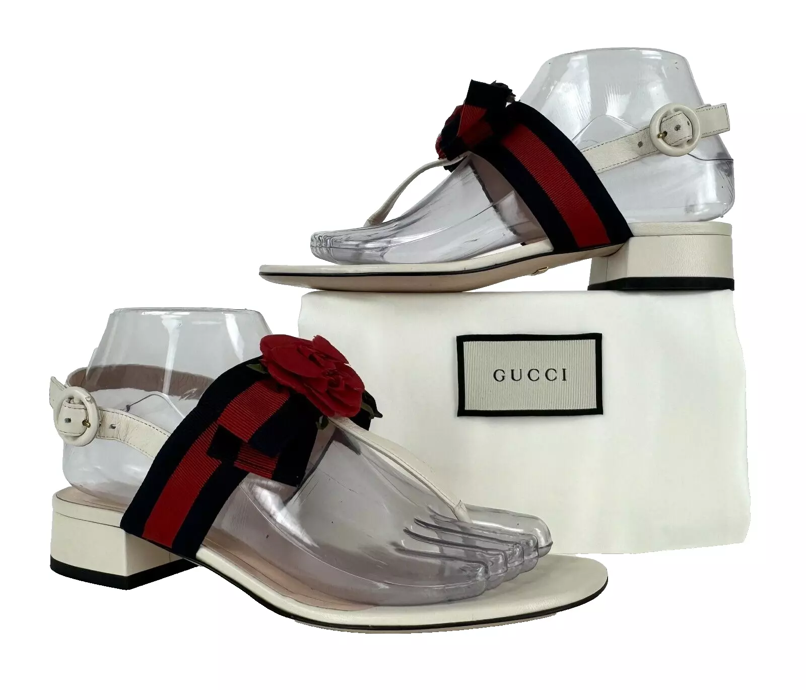 Gucci Auth 7 US 37 EU cuir blanc rouge bleu toile nœud string sandales chaussures plates