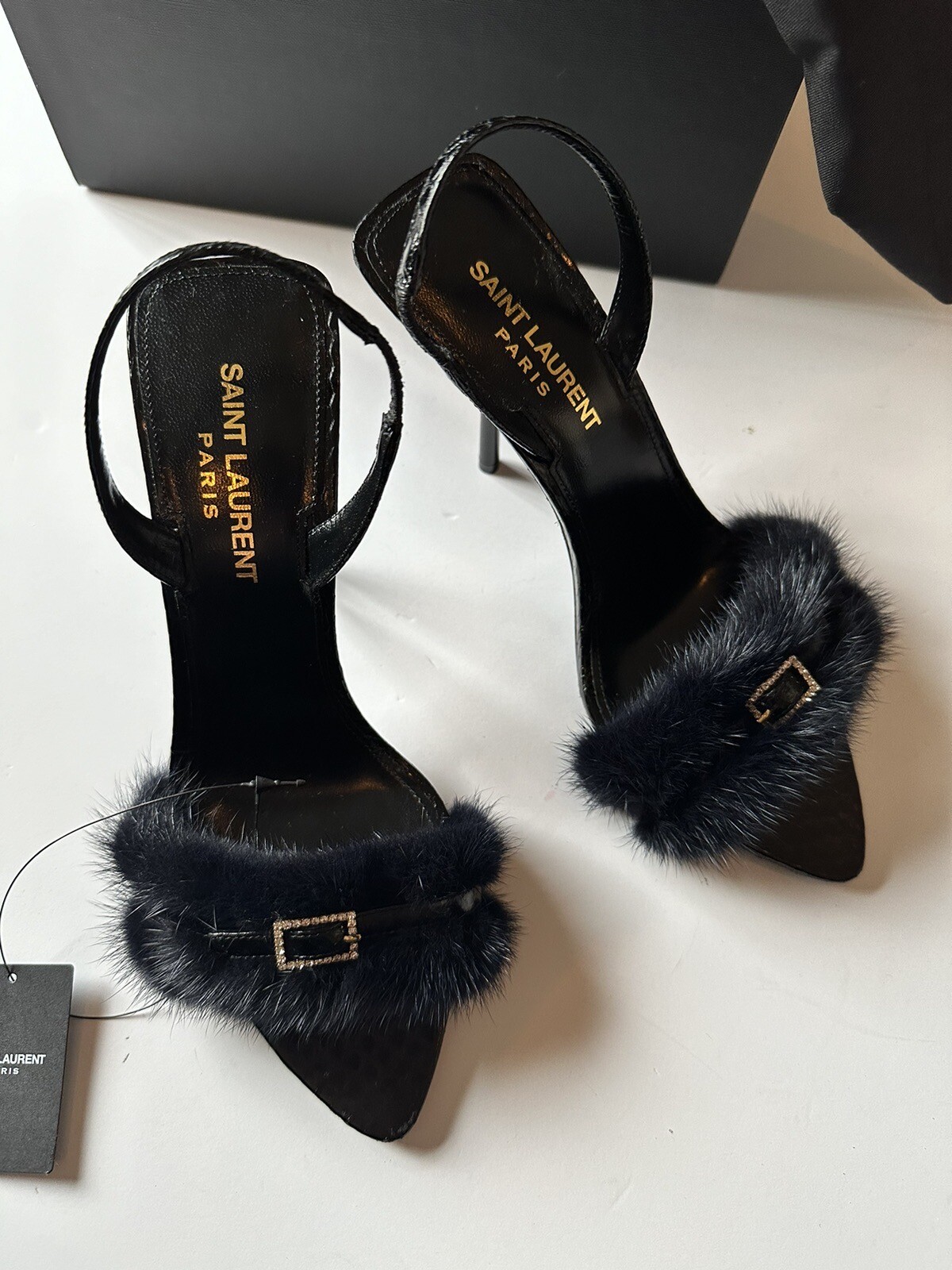 Tacchi Saint Laurent Ilona Slingback Blu Notte & Nero 36 5 Nuovi con scatola $1495