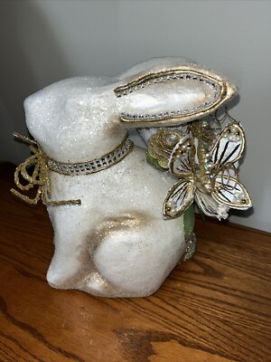 Handcrafted Easter Rabbit Bunny Jeweled Gold Glitter Butterfly Jeweled Flowers