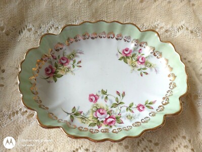 VINTAGE BON BON/KEKS/SÜSSE PORZELLANSCHALE-WEISS, GRÜN & GOLD MIT ROSEN-ATEMBERAUBEND