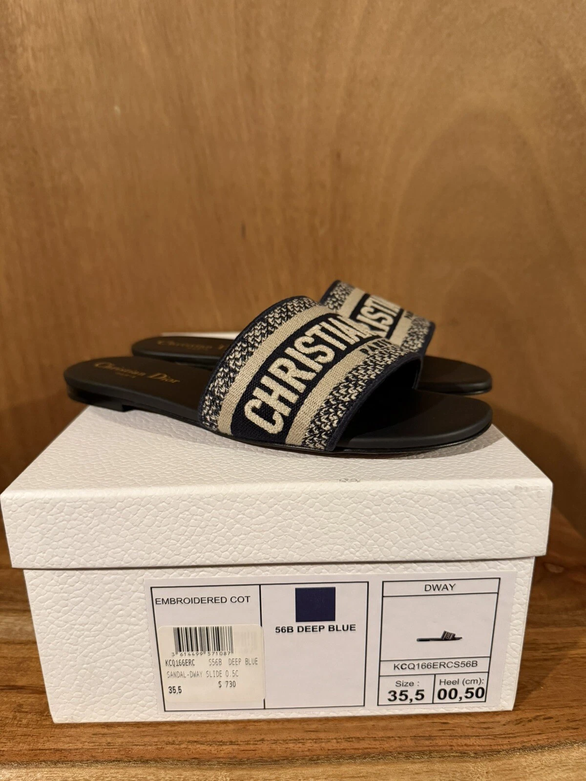 Dior Dway Slide coton brodé et bleu foncé motif Toile de Jouy Ecosse 35,5