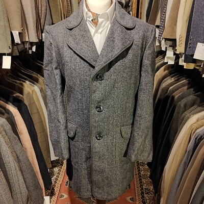 Vintage Mens 42R Pea Coat Overcoat Herringbone Jacket Harris - Main Image