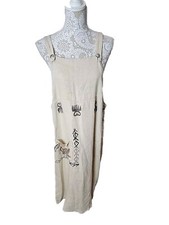 Blue Cactus Dress Jumper Overall Vintage Linen Beige Lagenlook Women's Medium