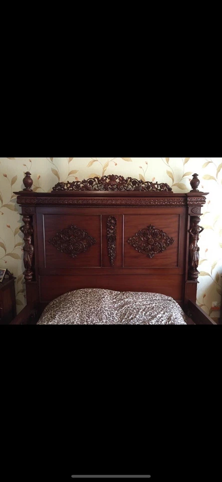 Stunning Complete King Bedroom Set Solid Mahogany Oak Wood Hand Carved Vintage - Image 2 of 4