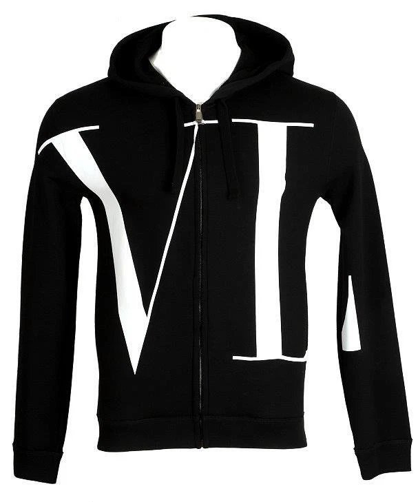 NUOVA FELPA CON CAPPUCCIO UOMO VALENTINO NERO COTONE VLTN LOGO CERNIERA MEDIA