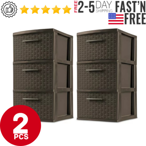 3 Drawer Weave Tower Plastic Indoor Storage Organizer Box, Espresso, Set of 2 - Picture 12 of 12