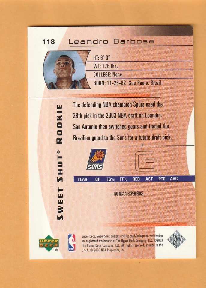 Leandro Barbosa Phoenix Suns 2003-04 Sweet Shot RC /999 Sao Paulo Brazil 4A - Image 2 of 2
