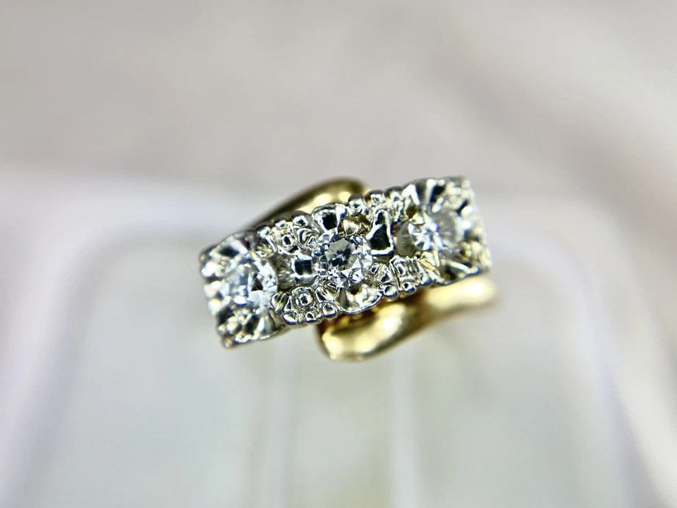 Art Deco 14k Yellow Gold Old European Round Diamond Three Stone Engagement Ring - Image 2 of 4