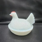 Hen On Nest Opaline Milk Glass Red Crest Small Trinket Dish Anchor Hock. 4" Vtg