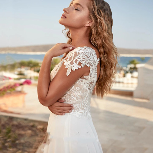 New White Long Wedding Dress V Neck Lace Appliques Chiffon A Line Cap Sleeve - Picture 6 of 10