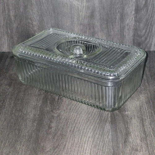 Vintage Glass Clear Ribbed Refrigerator Dish with Lid Anchor Hocking 1960's