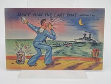 Don't Miss the Last Boat or Forget Me Navy Sailor on Dock Vintage Postcard