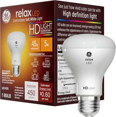 GE Relax LED Light Bulb, 45 Watt, Soft White, R20 Indoor Floodlight (1 Pack) A3