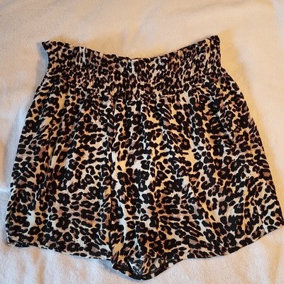 Three Dots Shorts Flowy XXL Brown Black Leopard Print Smocked Pull On EUC