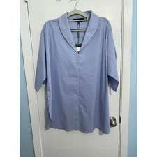 Ming Wang Tunic Blouse Large Blue Striped 3/4 Sleeve Oversized Office Preppy NWT