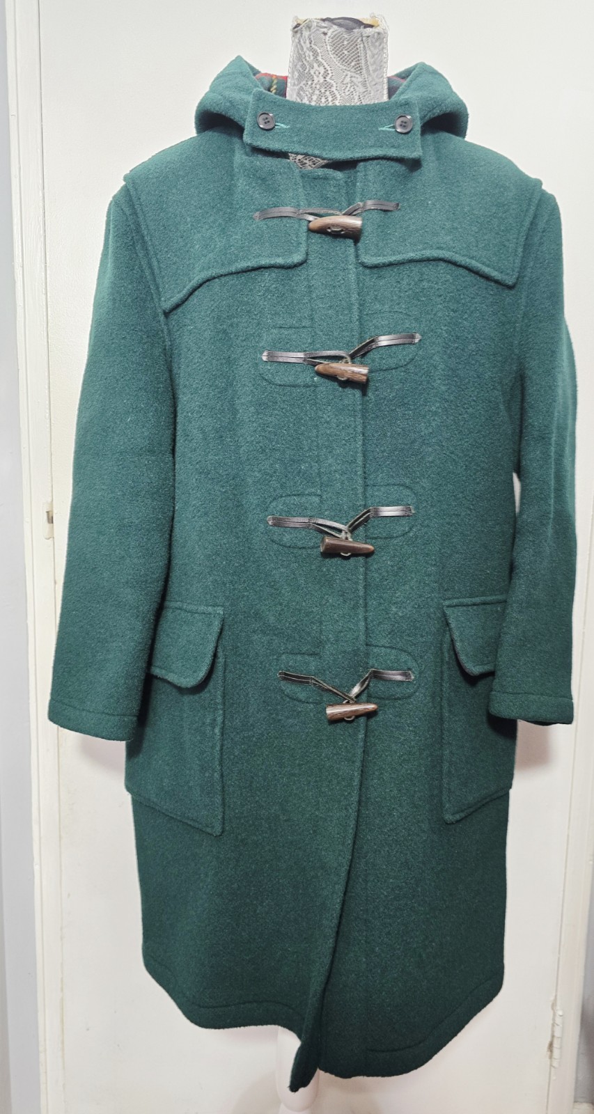 Rare Vintage 80's BURBERRY Nova Check Lined Wool Duffle Coat Green Size Large
